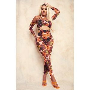 PrettyLittleThing Shape orange camo mesh jumpsuit